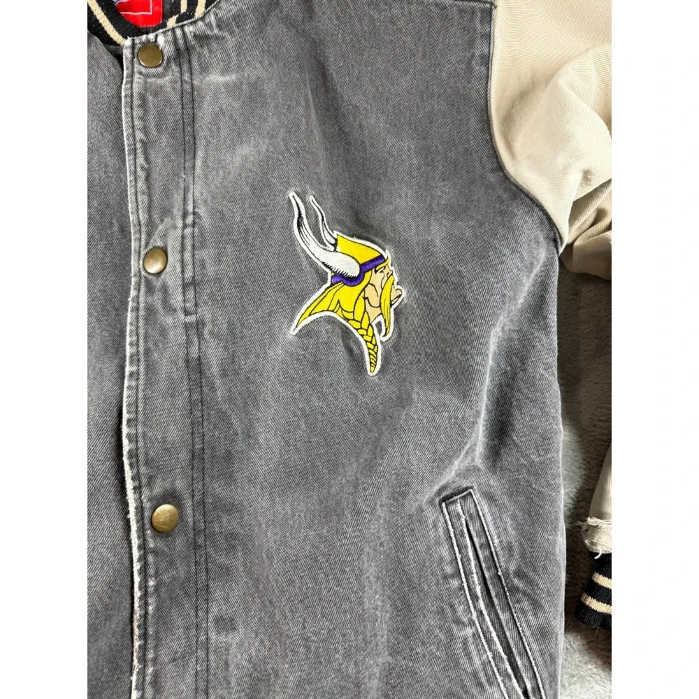 Vtg Minnesota Vikings Denim Jacket NFL Varsity Distressed Mens M